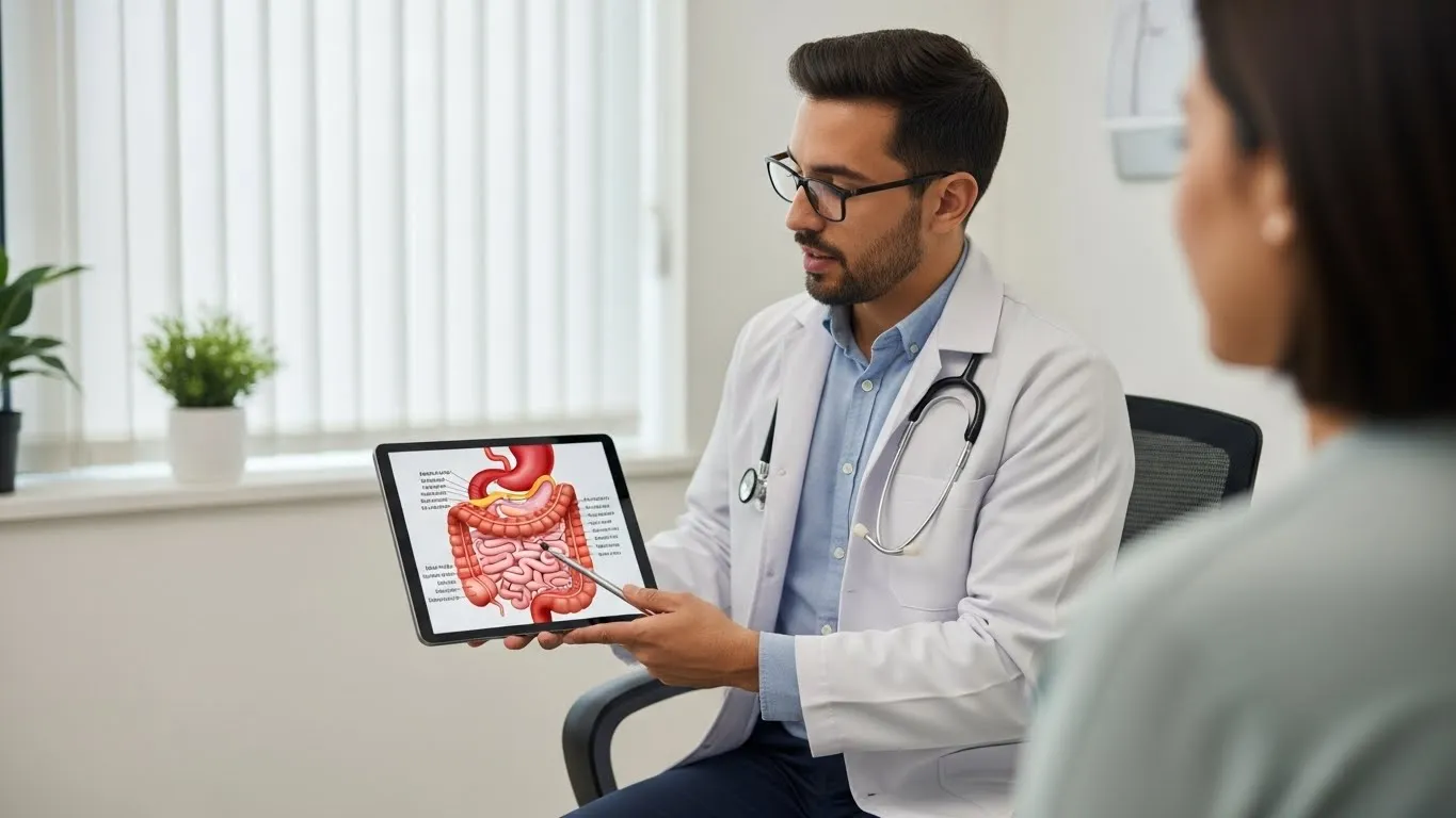 Un médico especialista mostrando una ilustración del sistema digestivo en una tablet