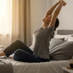 Persona sentado en su cama por la mañana estirando su cuerpo