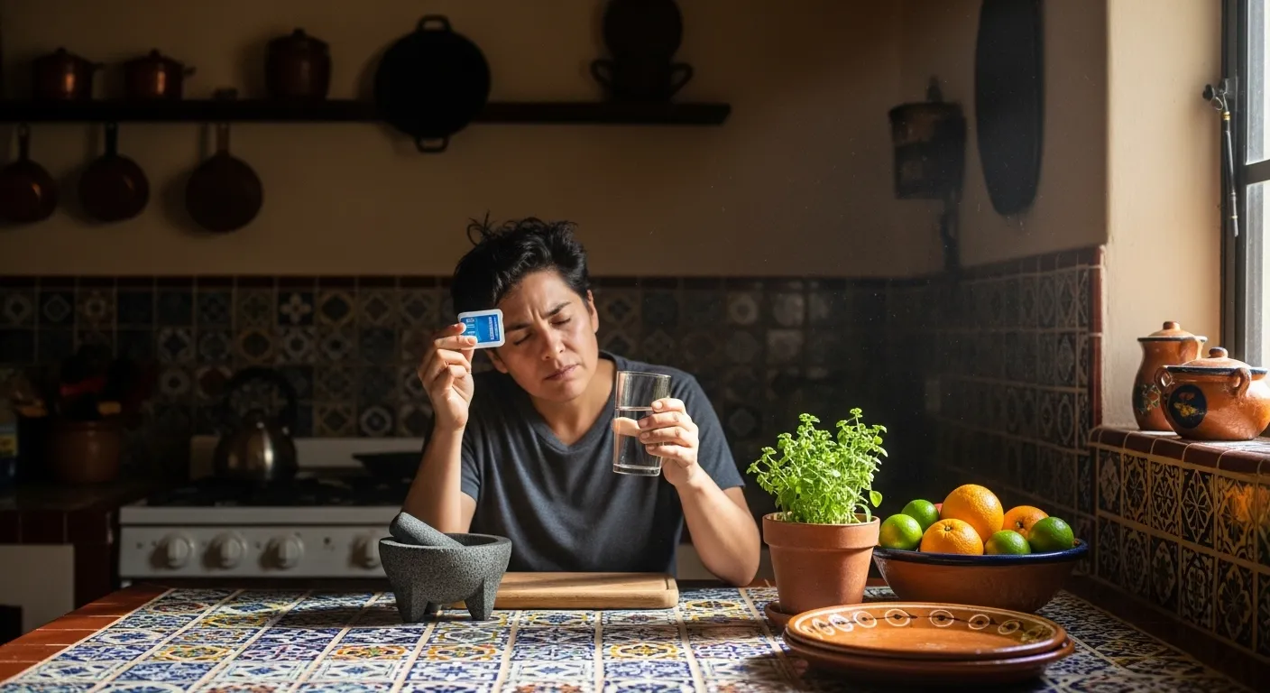 adulto en cocina mexicana con dolor de cabeza matutino sosteniendo analgésico y vaso de agua