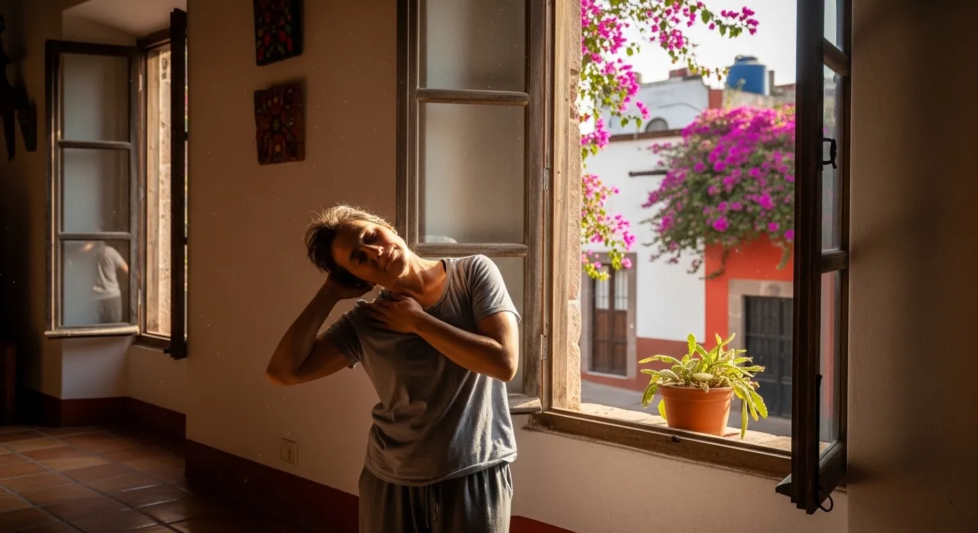 adulto realizando estiramientos cervicales por la mañana junto a una ventana en un hogar mexicano