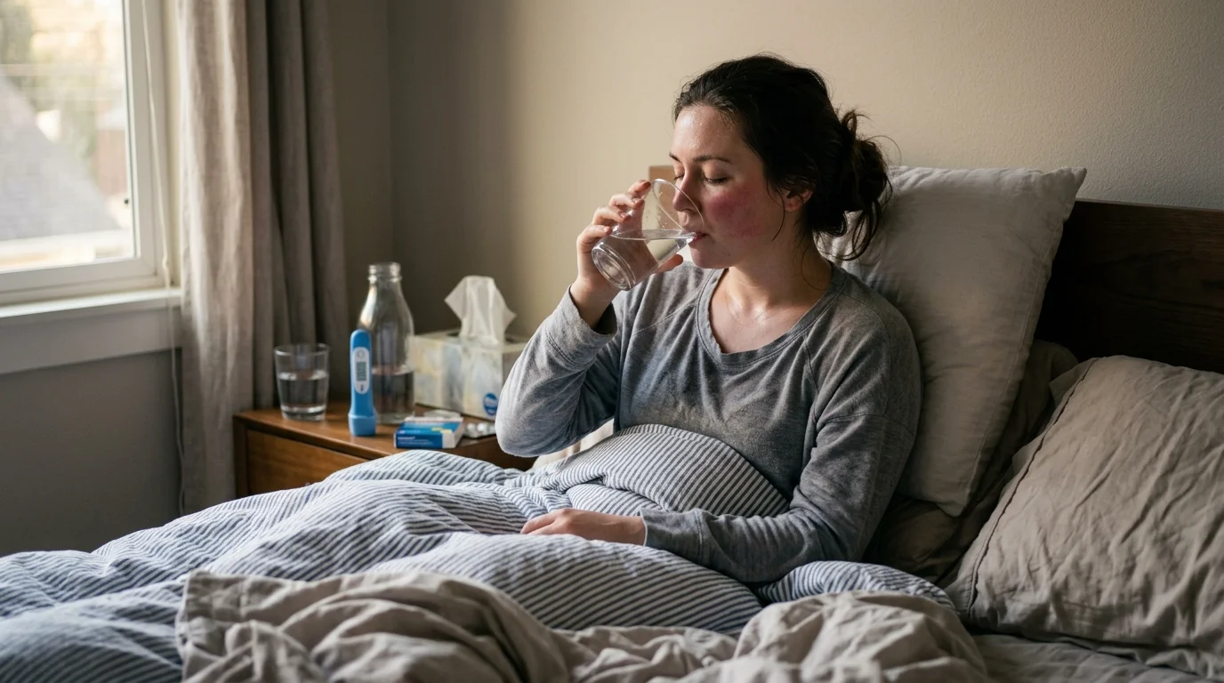 Persona tomando agua en la cama
